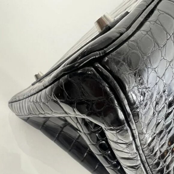 Hermes Shiny Porosus Crocodile Skin Birkin 35 w Palladium HW in Noir or Black - Picture 7 of 13